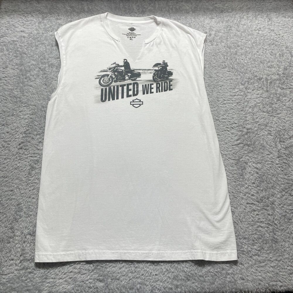 Harley-Davidson Shirt Men XL White United We Ride Sleeveless V-Notch Graphic - Picture 2 of 5